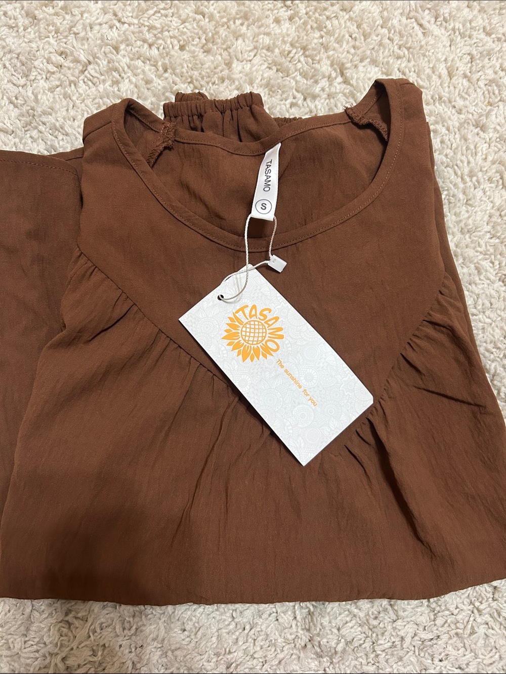 Women's Brown Smocked-Neck Blouse